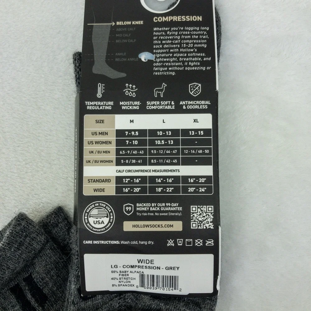 Hollow Compression Socks Mens Large Grey Wide Calf Alpaca Blend 15-20 mmHg